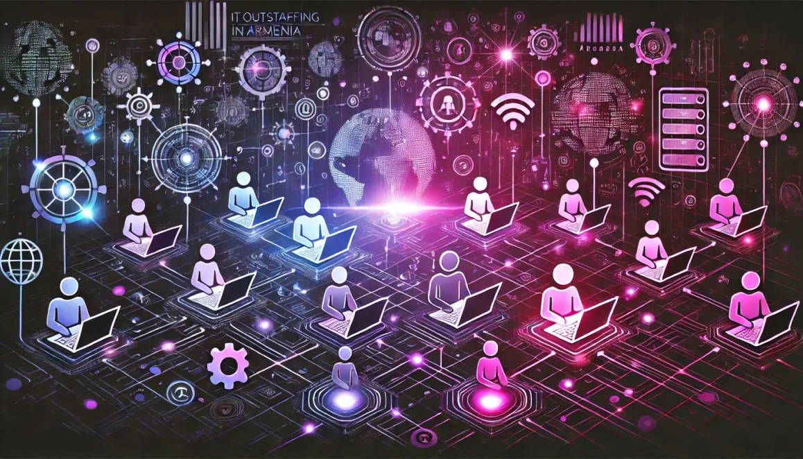 Graphic representation of IT outstaffing in Armenia with a black background, glowing pink and violet gradients, digital connections, and stylized figures working on laptops, symbolizing remote collaboration and innovation.