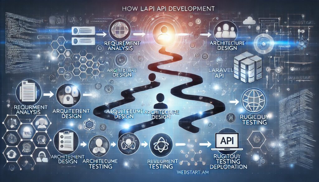 Illustration of how laravel api development works at webstart Am featuring stages like requirement analysis design development testing and deployment | webstart