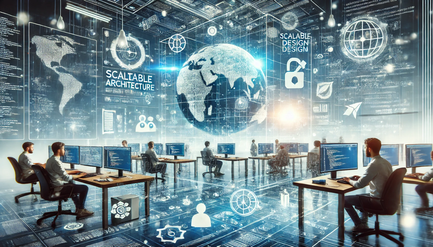 Illustration of web application development showcasing developers working in a futuristic workspace with coding interfaces, a globe symbolizing global reach, and scalable architecture elements.