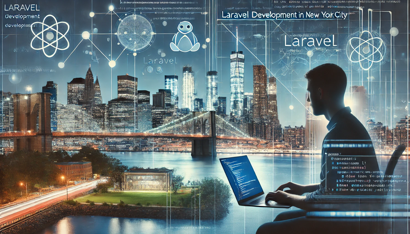 Modern illustration showcasing Laravel development in New York City with a blend of technology elements, code snippets, and the city skyline representing innovation.