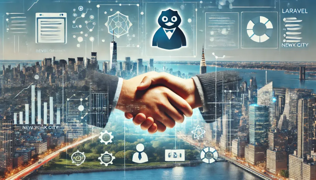 Professional illustration of choosing a laravel development agency in new york city featuring collaboration laravel logos and a new york city skyline backdrop