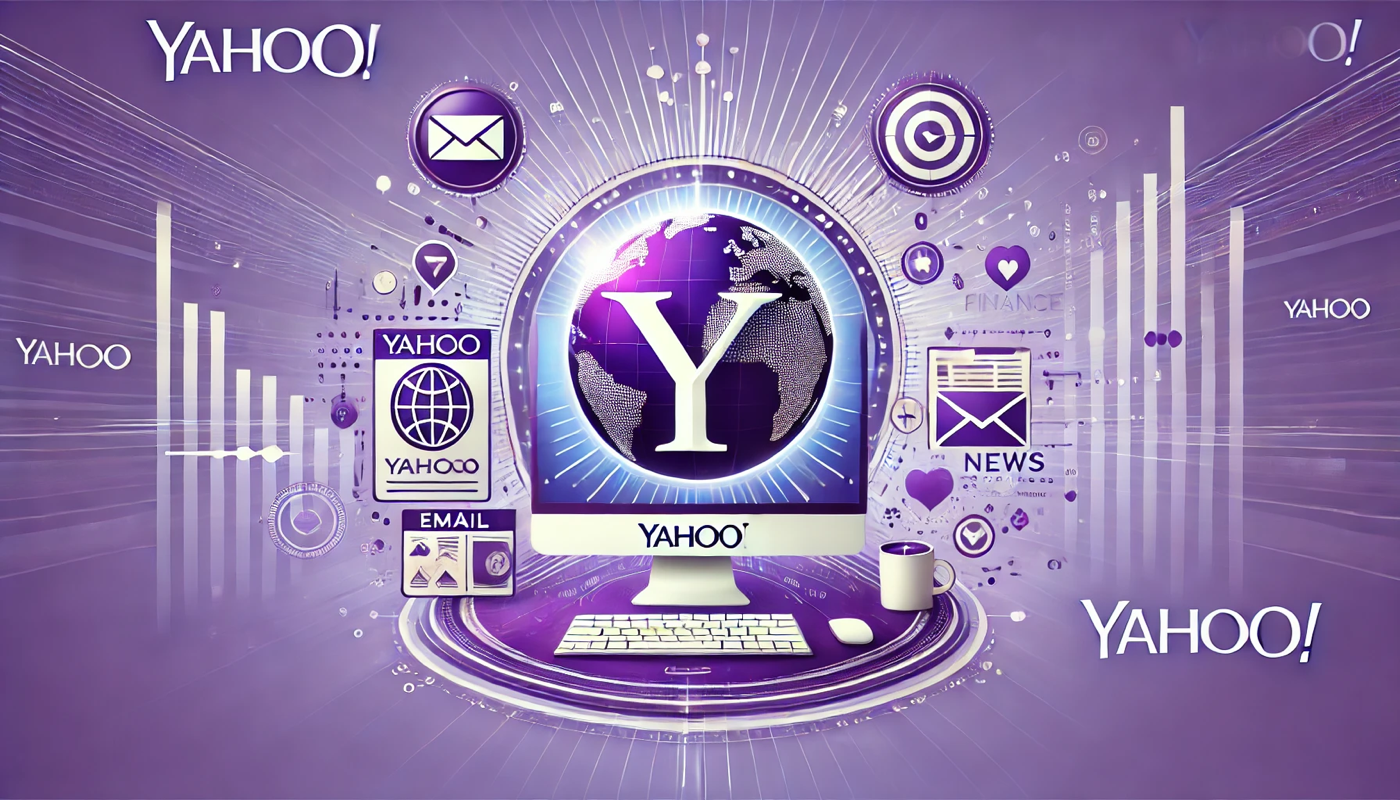 Illustration symbolizing Yahoo’s legacy in the digital landscape with icons for email, finance, news, and entertainment, set against a modern digital theme.
