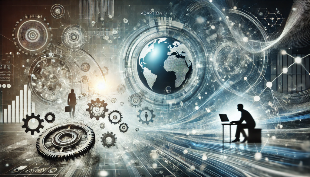 Futuristic illustration symbolizing adaptation in a changing digital landscape with evolving gears digital grids and a globe representing global transformation