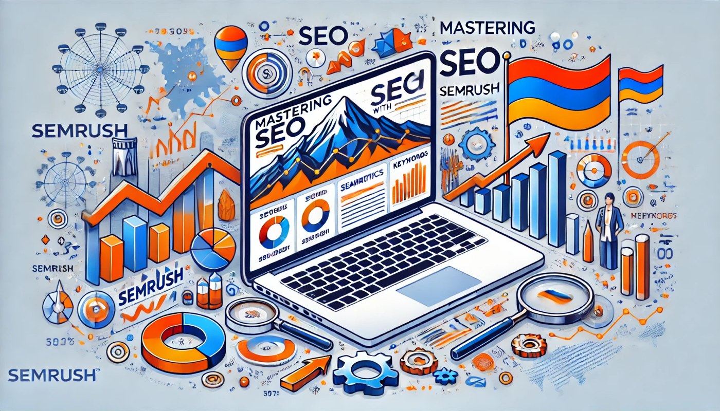 Illustration showing SEMrush analytics dashboard on a laptop, SEO metrics, and Armenian cultural symbols like Mount Ararat, emphasizing SEO strategies for Armenian businesses.