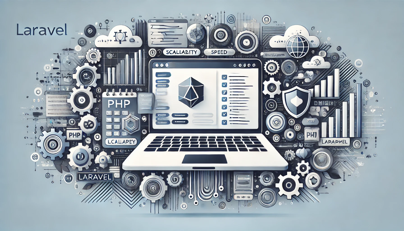 Illustration showcasing the power of php development with laravel featuring a professional web application interface icons symbolizing scalability speed and security set against a clean business themed background  | webstart