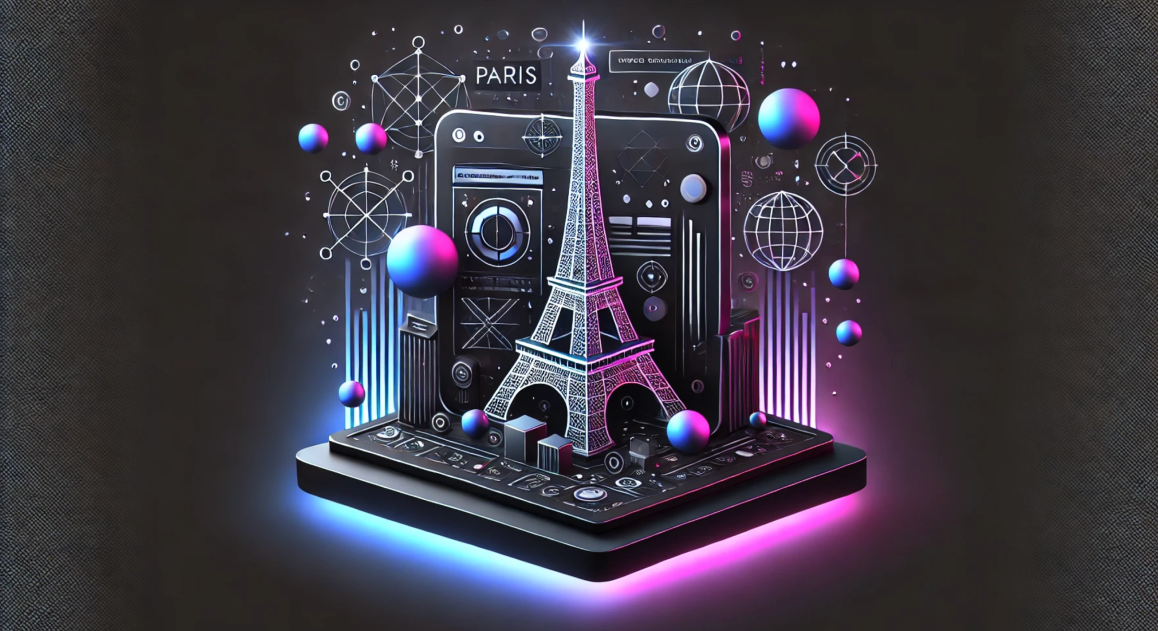 Абстрактное изображение Эйфелевой башни на черном фоне с градиентами в синих розовых и фиолетовых тонах символизирующее разработку сайтов в Париже  | webstart