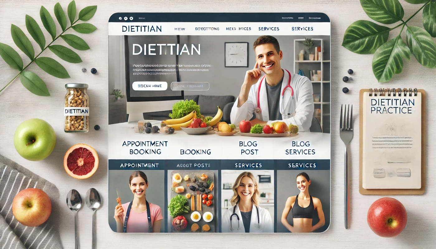 Modern web design concept for dietitian practices featuring sections for appointment booking blog posts and services with visuals of healthy foods and smiling dietitians | webstart