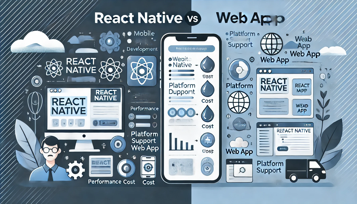 A visually engaging comparison of React Native vs Web App showcasing mobile app development on one side and browser-based web app features on the other, highlighting platform support, performance, and costs
