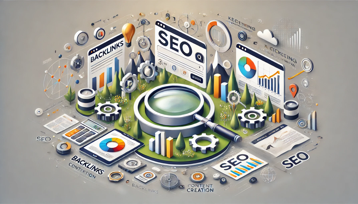 Modern illustration showcasing a comprehensive SEO guide with elements like SERP, analytics charts, keyword tools, and technical SEO icons.