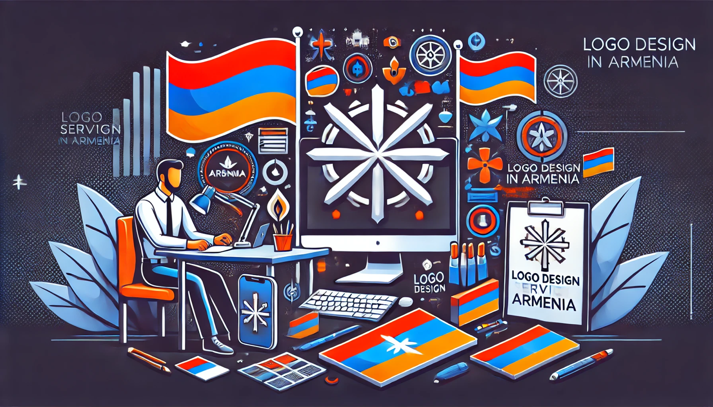 Professional logo design services in Armenia, featuring a designer working on branding materials, Armenian cultural symbols, and modern logo concepts