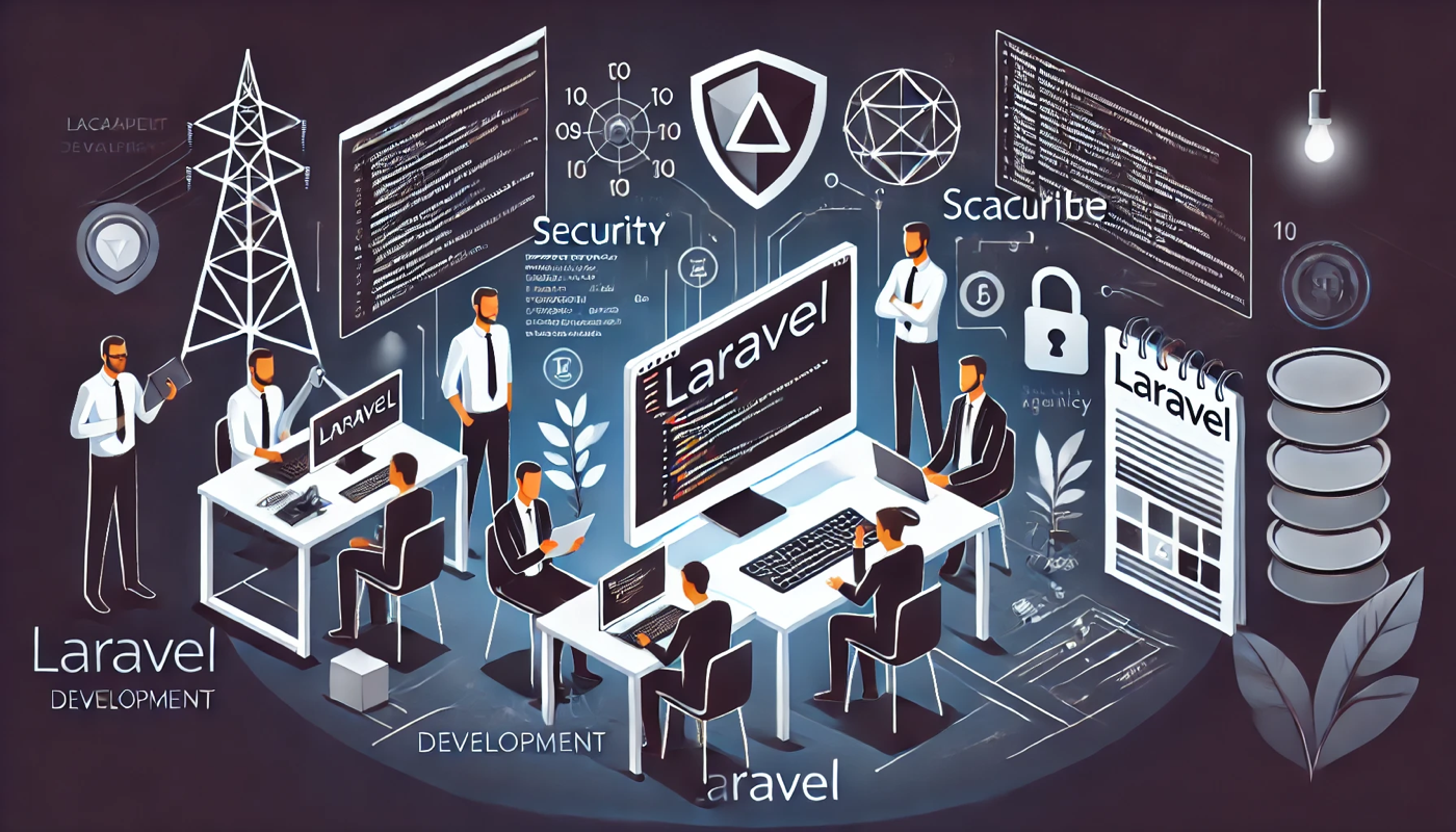 Illustration showcasing laravel development agency services highlighting developers working on scalable and secure web applications with modern tools and designs  | webstart
