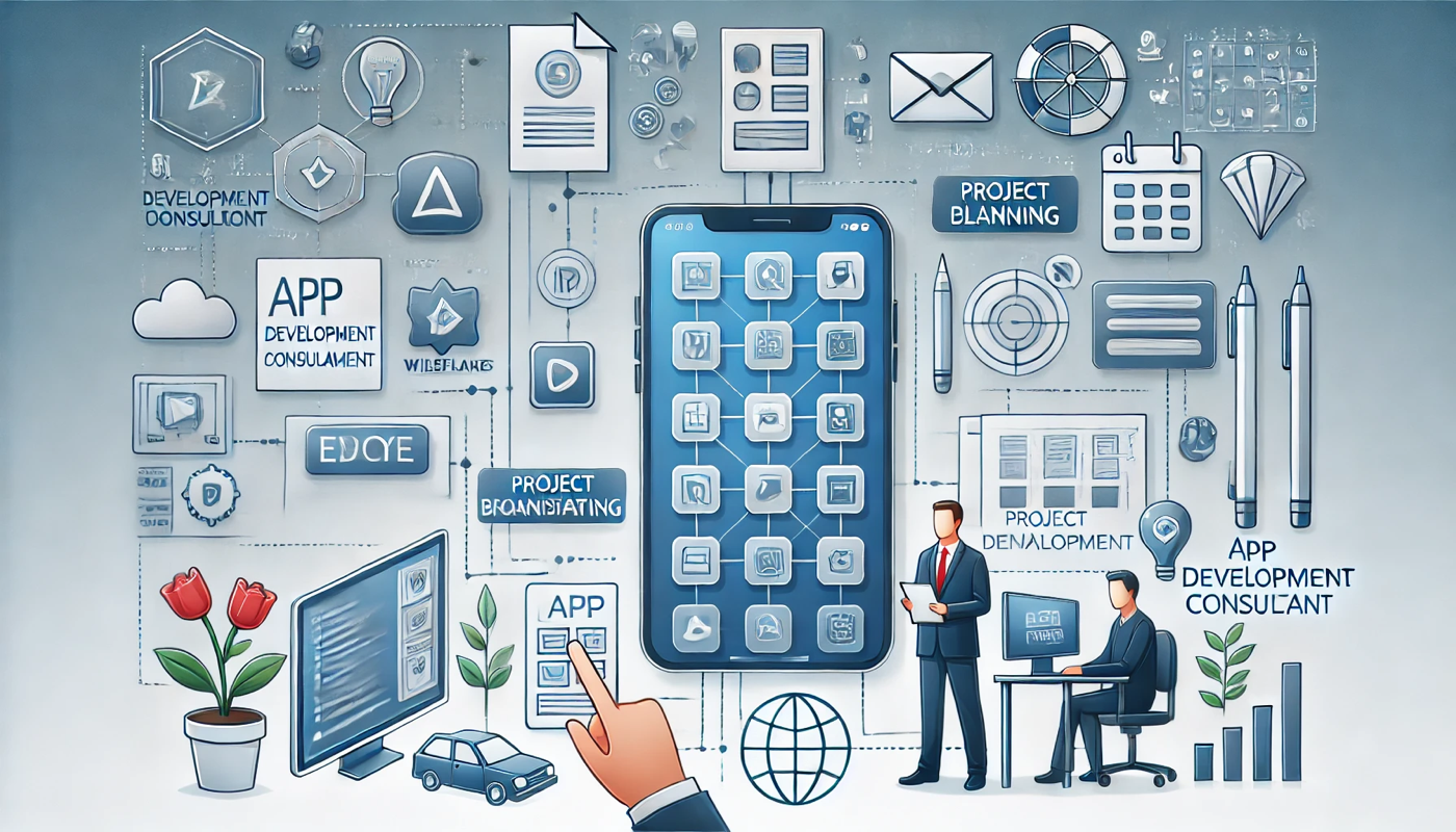 Professional illustration showcasing an app development consultant guiding a client with project planning, wireframes, and collaboration tools