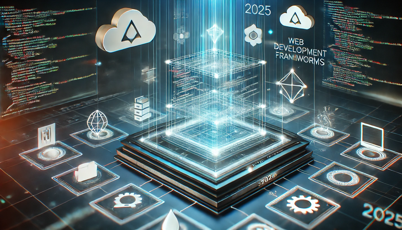Holographic-style depiction of web development frameworks with digital connections, cloud integration, and coding symbols for 2025.