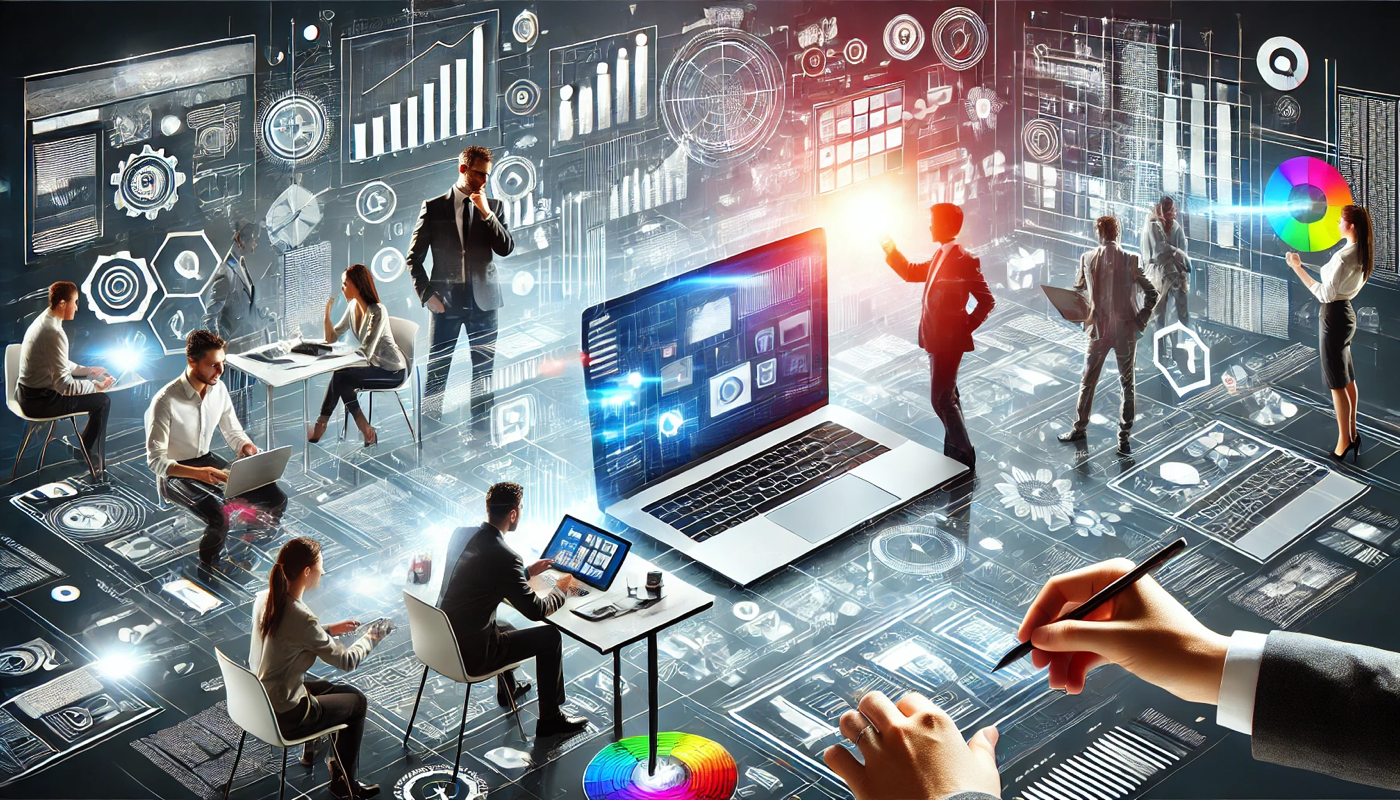 A modern team collaborating on web design featuring laptops sketches and digital interfaces symbolizing innovative web design solutions for businesses  | webstart