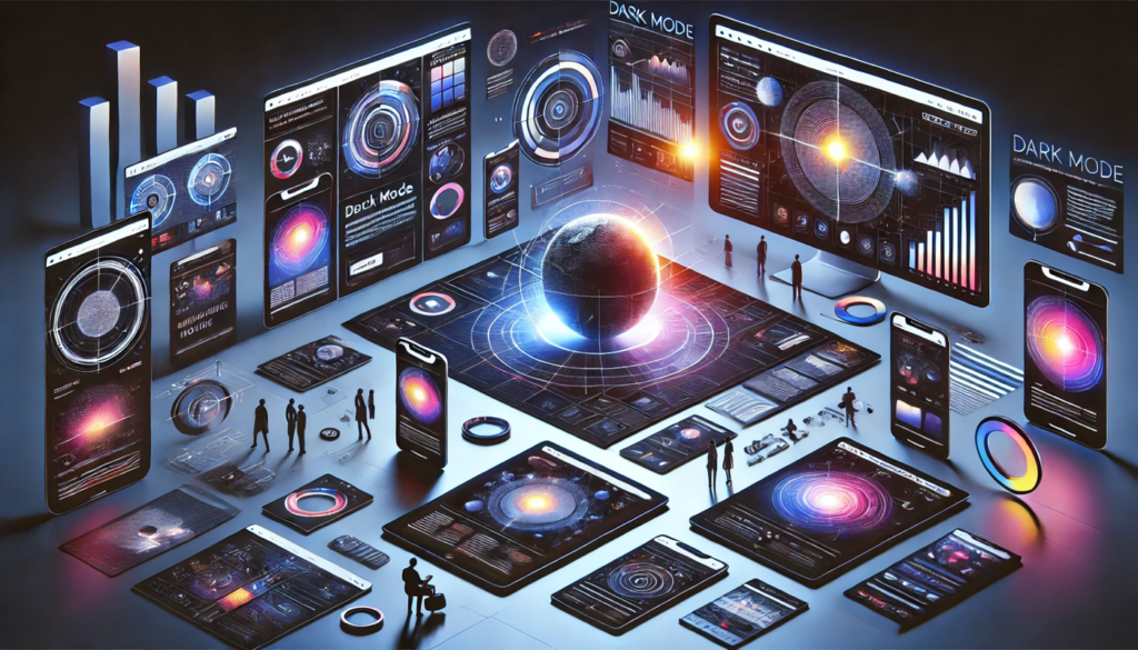 A futuristic digital representation of web design trends featuring minimalistic layouts dark mode interfaces and vibrant visuals on multiple devices