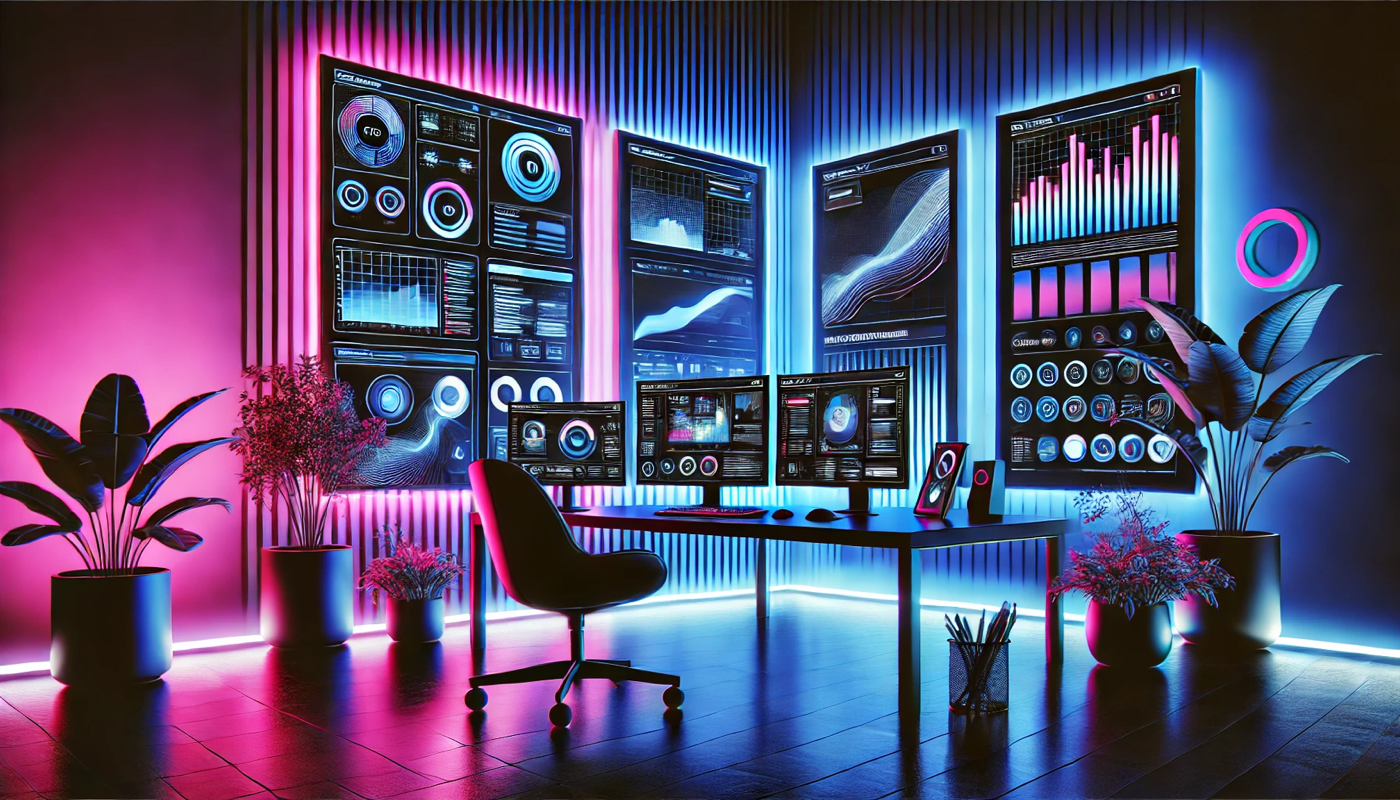 Современное рабочее пространство для разработки сайта визитки с мониторами отображающими веб дизайн и аналитику в черно синих и розовых оттенках  | webstart