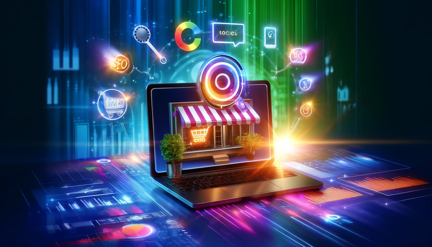 A professional digital illustration showcasing ecommerce marketing services with an online store interface seo icons social media platforms and targeted advertising  | webstart