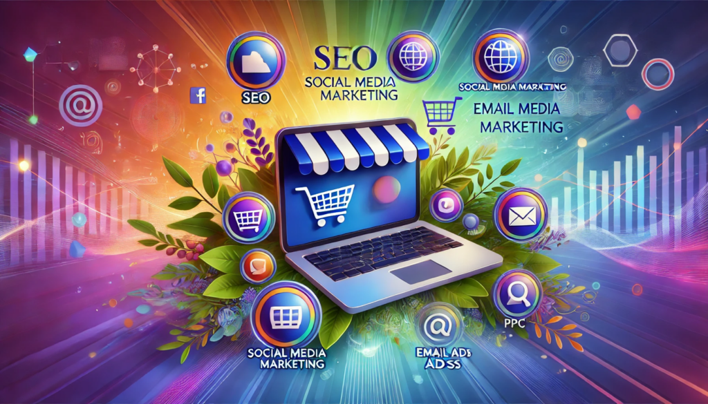 A vibrant digital illustration showcasing key strategies for ecommerce marketing including seo social media email campaigns and ppc ads on a laptop interface  | webstart