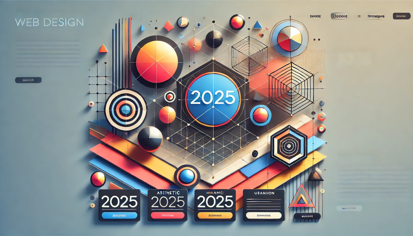 Creative web design concept for 2025 featuring bold geometric shapes like triangles, circles, and hexagons, with vibrant colors, clean lines, and overlapping elements for a modern aesthetic.
