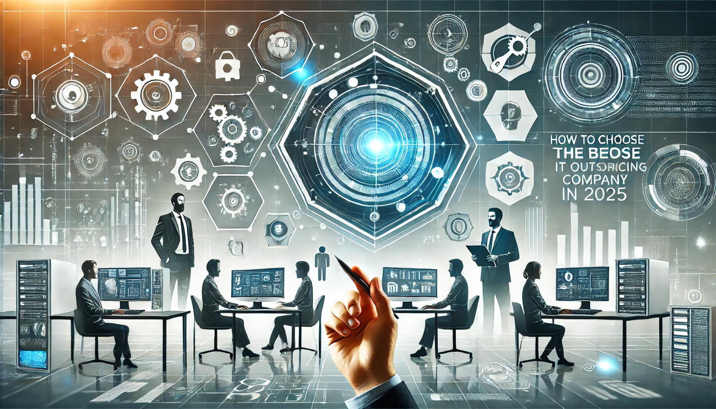 Lampa IT outsourcing companyModern concept image showing business professionals collaborating with digital workflows and geometric shapes, symbolizing how to choose the best IT outsourcing company in 2025