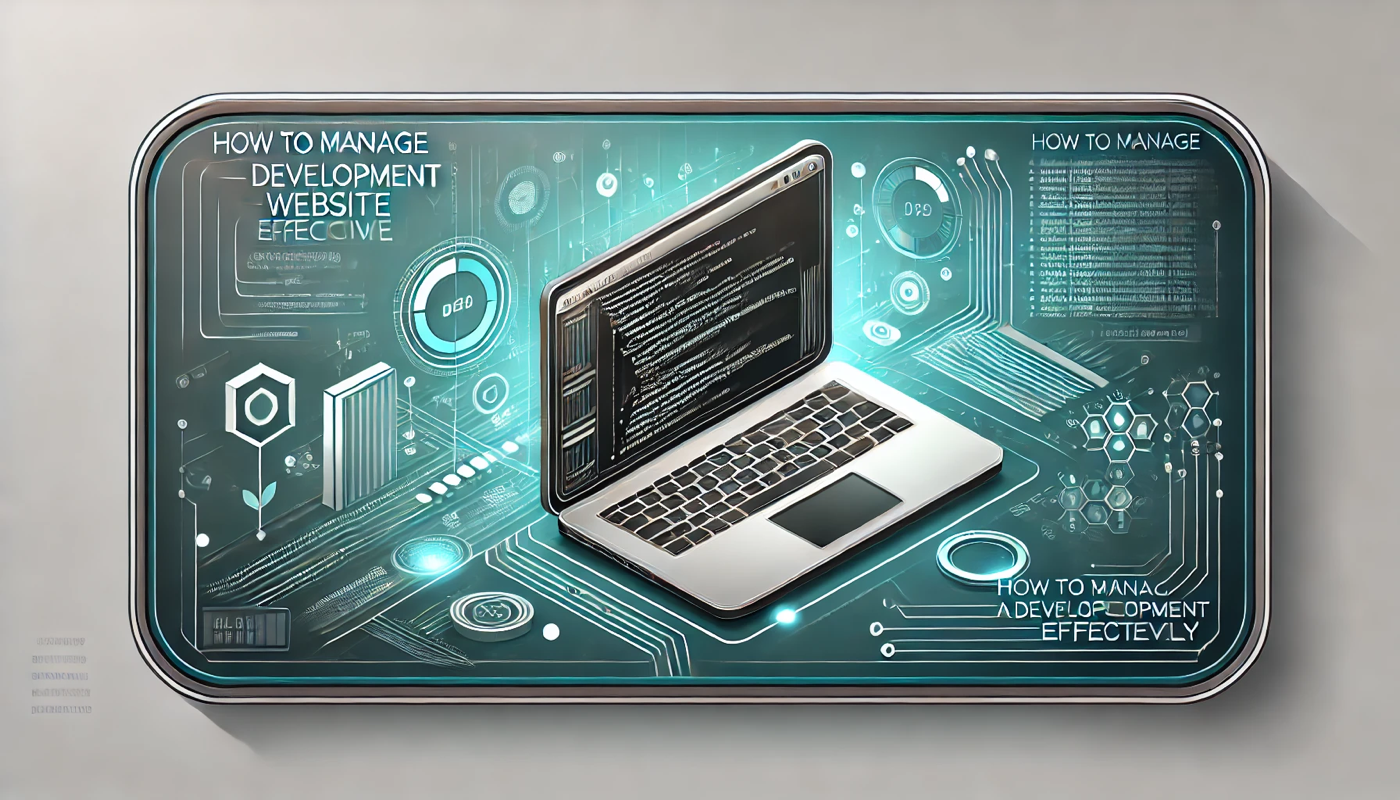 Banner image for the blog how to manage a development website effectively showcasing a laptop screen with code a progress bar and digital icons with a gradient teal and white background | webstart