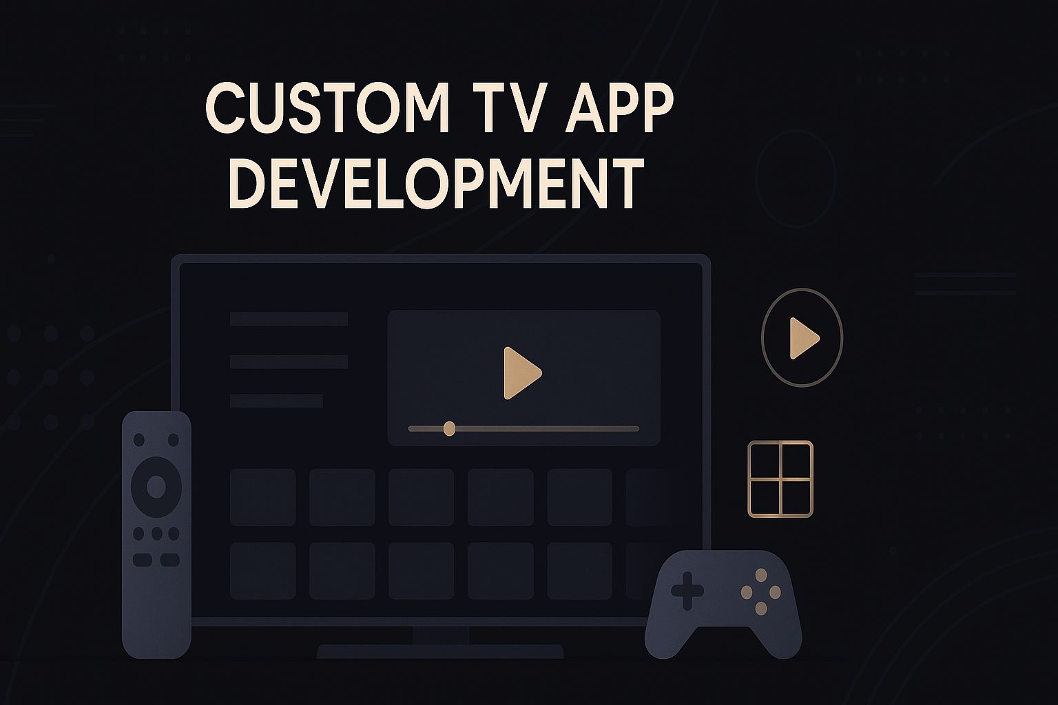Smart TV interface with remote control and app dashboard on a dark background