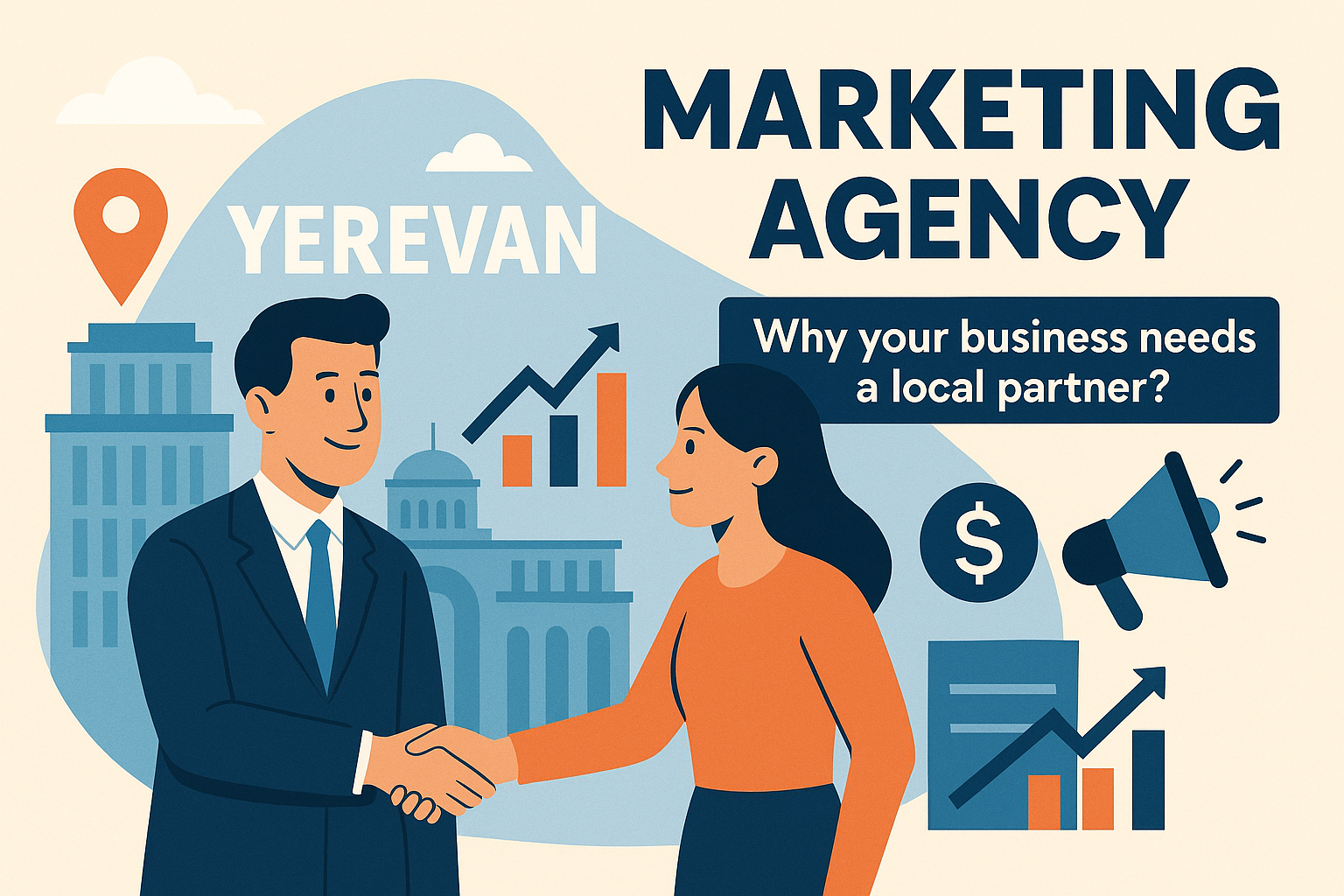 Flat style illustration of a man and woman shaking hands against the yerevan skyline with marketing icons a growth chart and the headline marketing agency yerevan why your business needs a local partner  | webstart