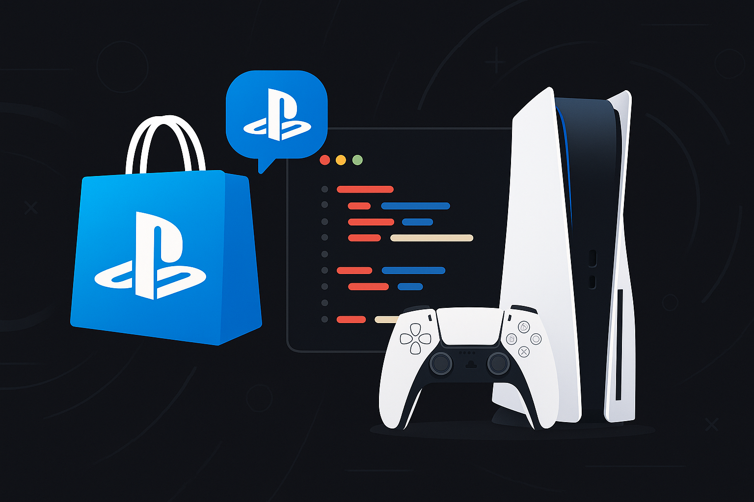PlayStation Store shopping bag and PS5 console with code editor on dark tech background
