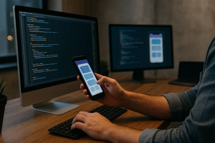 Modern mobile app development workspace with laptop and smartphone, dark theme, 2025.