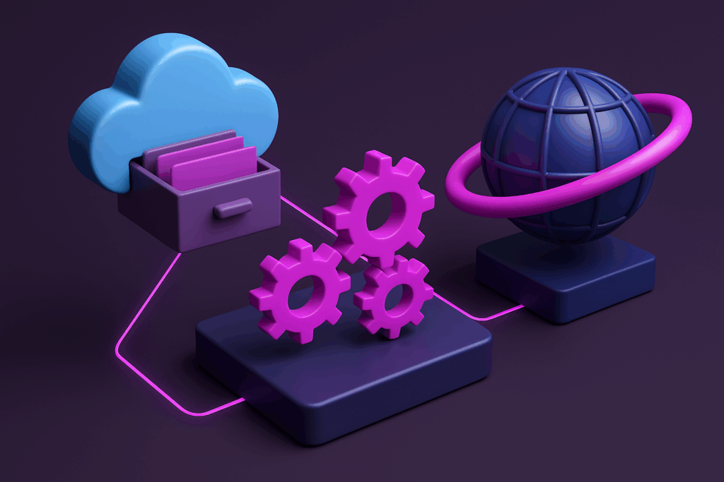 Outsourcing Saas Development Illustration | Webstart | Webstart Outsourcing saas development concept with cloud storage gears and global connectivity in a modern 3d digital illustration