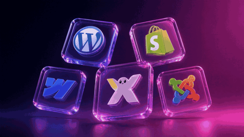 Neon glass tiles floating with platform logos wordpress shopify woocommerce x and joomla  | webstart