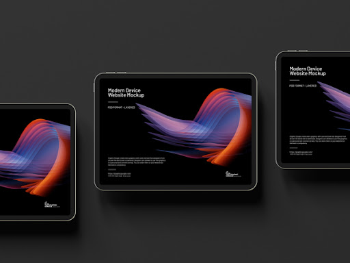 Three tablets display a dark website mockup with a purpleorange abstract wave on each screen arranged on a dark background  | webstart