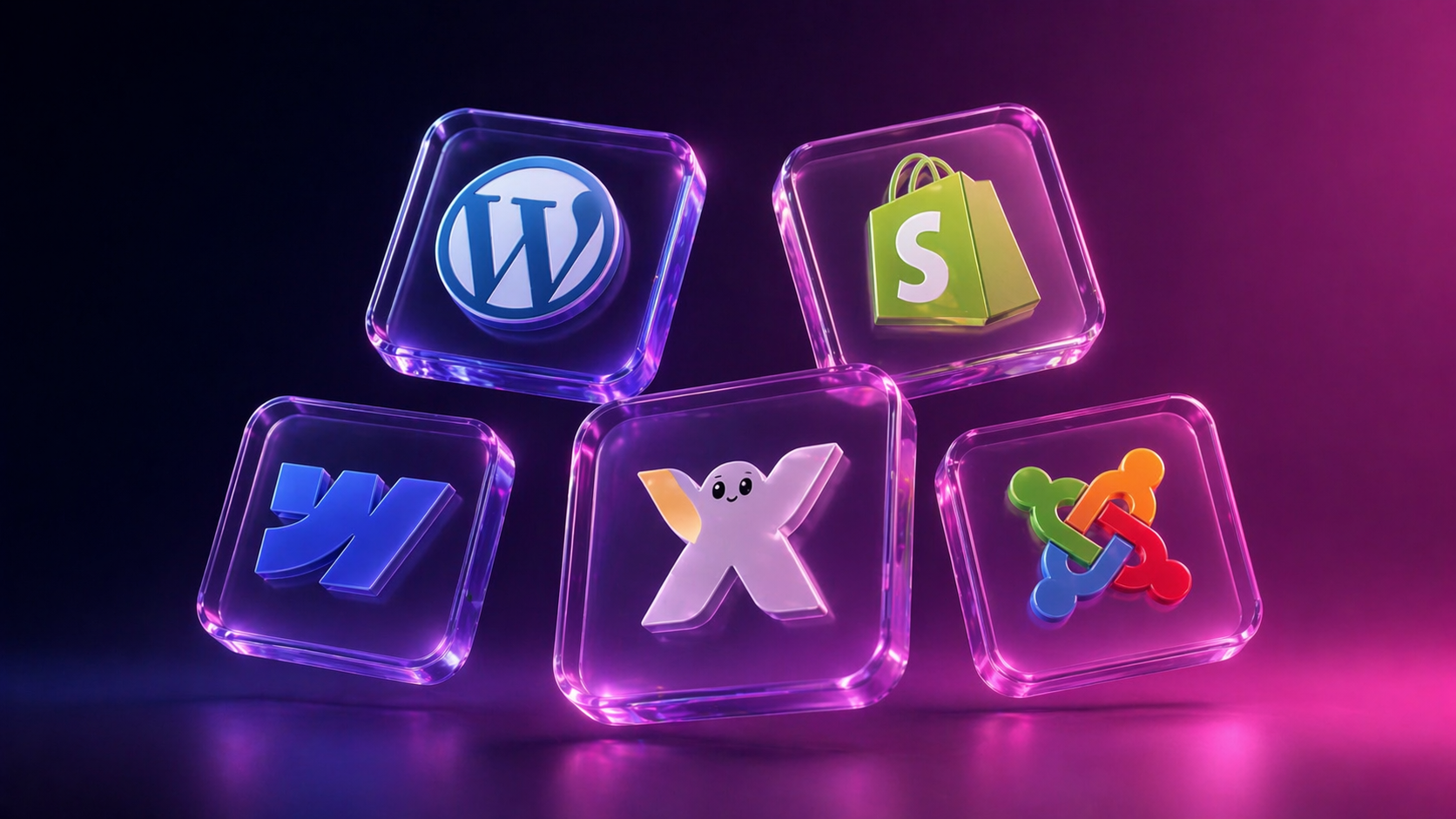 Neon glass tiles floating with platform logos wordpress shopify woocommerce x and joomla  | webstart